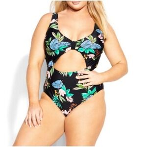 City Chic Floral Cut Out One Piece Swimsuit Tropical Print Plus Size 20 2X NWT